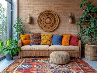 Boho Living Room Interior with Rattan Sofa and Plants