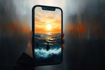 Hand holding smartphone displaying a vibrant sunset over turbulent ocean waves with a solitary person standing in the water evoking solitude and contemplation