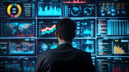 Man in suit views multiple data screens with charts and graphs
