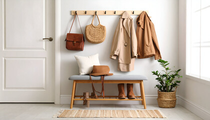 Entryway scene featuring a bench, coats, bags, hats, boots, and a plant, creating a welcoming interior design.