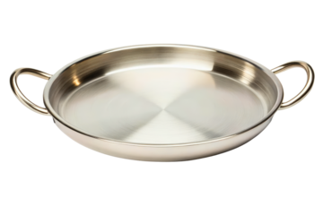 Round stainless steel cooking pan with two handles for serving isolated with transparent background