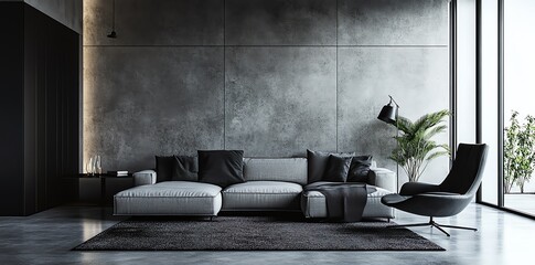 Modern Living Room Interior with Concrete Wall
