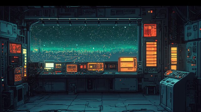 pixel art photography background of pixel art space station view, forest green tones, night mode palette