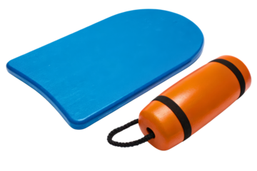 Blue swimming kickboard and an orange safety float for training isolated with transparent background