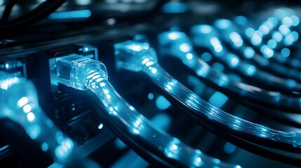 Close up of ethernet cables plugged into a network switch panel