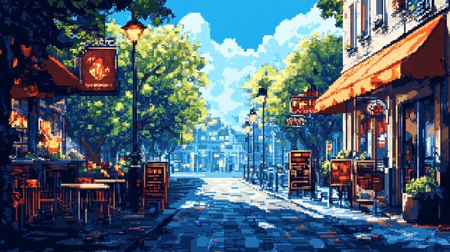 Charming Parisian Cafe Street Scene in Pixel Art Style