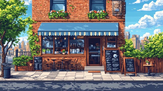 pixel art photography background of pixel cafe scene with street view, cool blue theme, daylight pixel effect