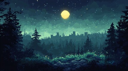 Fototapeta premium Mystical Forest Castle Silhouette Under a Full Moon Sky