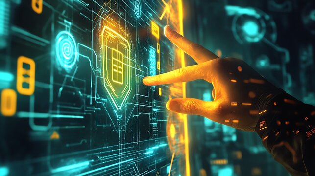Hand interacting with glowing shield and digital interface screen