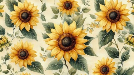 Pattern of vibrant yellow sunflowers with detailed green leaves on a light background evoking warmth and natural beauty