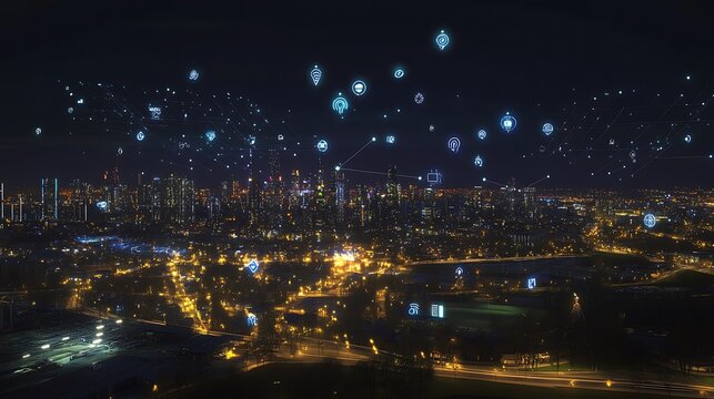 Aerial view of city at night with floating digital network icons - Powered by Adobe