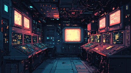 Fototapeta premium Retro Futuristic Cyberpunk Control Room with Glowing Screens