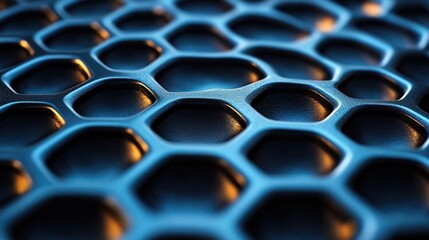 Close-up of a honeycomb-patterned blue mesh surface with smooth rounded hexagonal shapes and warm light reflections creating a futuristic and textured effect