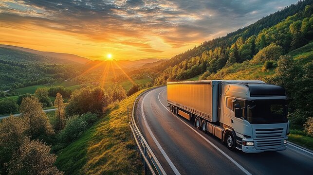 Large white semi-truck driving on a winding highway through green hills during a vibrant sunset with dramatic clouds over a mountainous landscape