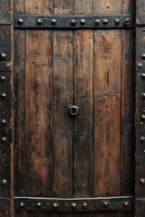 Fototapeta premium Close-up of a rustic wooden door with dark metal studs and a keyhole, showing weathered wood texture and sturdy iron reinforcements