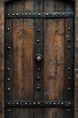 Fototapeta premium Close-up of a rustic wooden door with dark metal reinforcements, round metal studs, and a central ornamental door knocker conveying vintage charm and aged texture