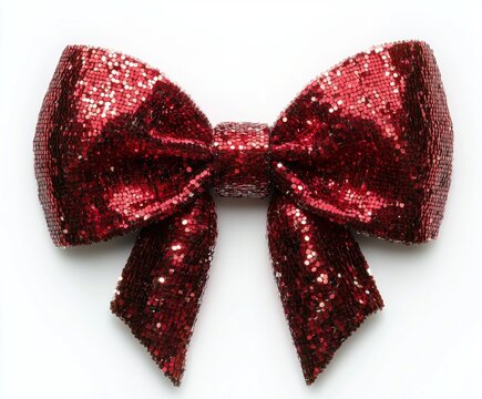 Large sparkling red sequin bow tied with two tails on a white background, reflecting light to create a festive and glamorous look