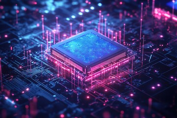 Obraz premium A hyper-detailed futuristic AI chip surrounded by floating digital data points, representing the power of machine learning and advanced analytics