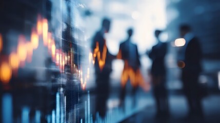 Silhouettes of business professionals discussing over financial data displayed on a screen, representing teamwork and strategy.