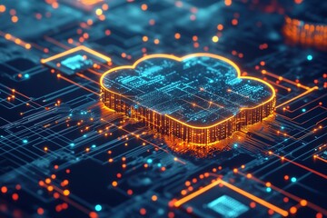 A hyper-realistic 3D rendering of a digital cloud server, data nodes interconnected by glowing circuit pathways, visualizing AI and big data infrastructure