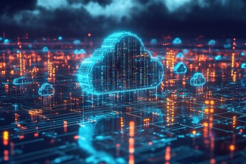 A hyper-realistic 3D rendering of a digital cloud server, data nodes interconnected by glowing circuit pathways, visualizing AI and big data infrastructure