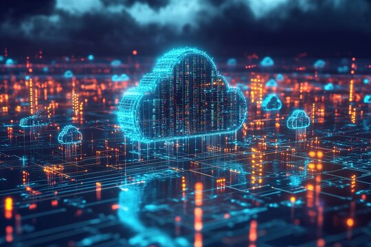 A hyper-realistic 3D rendering of a digital cloud server, data nodes interconnected by glowing circuit pathways, visualizing AI and big data infrastructure