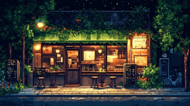 pixel art photography background of pixel cafe scene with street view, forest green tones, night mode palette