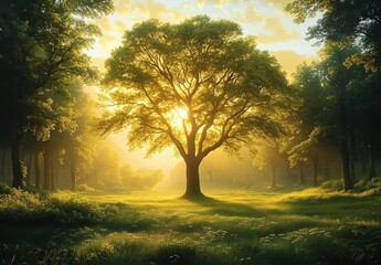 Sunlight streaming through the branches of a large tree in a lush green forest clearing during golden hour