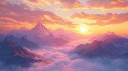 Sunrise casting warm light over a rugged mountain range with peaks emerging through soft clouds and a vibrant colorful sky