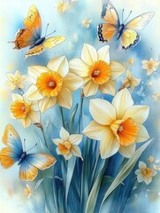 Obraz premium Bright yellow and white daffodils blooming with vibrant orange centers surrounded by delicate butterflies fluttering against a soft blue sky background