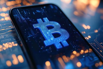 Close-up of a smartphone displaying a glowing blue cryptocurrency symbol on a digital circuit background with warm lighting reflections