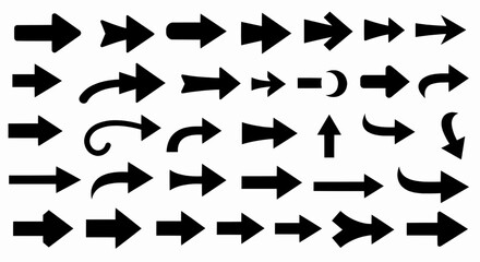 collection of black arrows on white background, pointing direction and navigation concepts, abstract design
