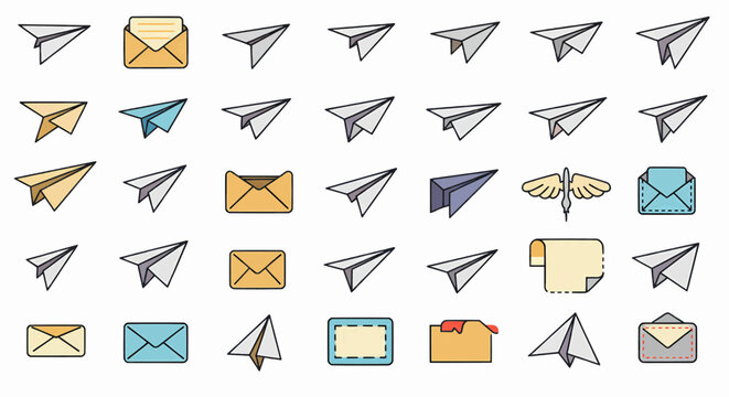 Versatile collection of communication icons for digital messaging, email, and paper airplane concepts
