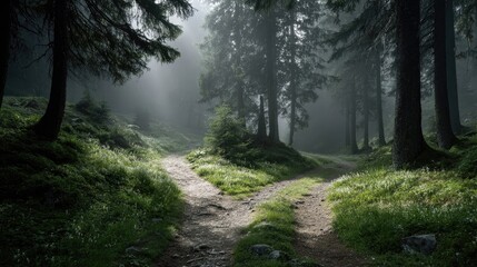 Fototapeta premium Misty forest path forks in a sunlit clearing