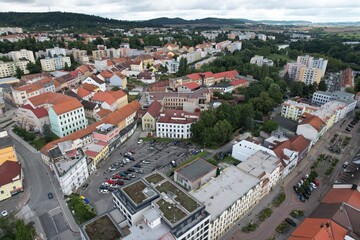 Strakonice old town and historical center with tower in aerial view Bohemia Czech republic