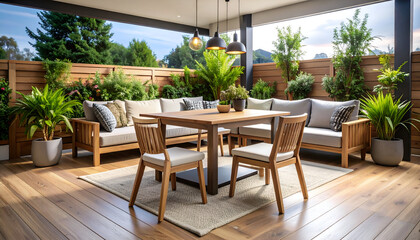 Obraz premium A stylish outdoor patio setting featuring wooden furniture, lush greenery, and a welcoming atmosphere.