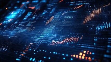 Close-up of abstract digital financial data visualization with glowing blue and orange graphs and charts on dark background, representing data analysis and technology