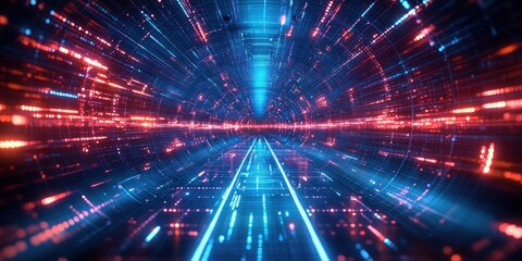 Futuristic glowing tunnel with blue and red digital lights forming a high-tech corridor with depth and motion effect