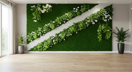 A vibrant green wall garden design with white pathways.