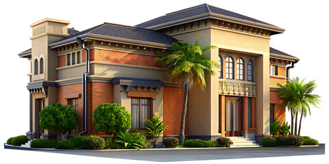 Fototapeta premium Ornate Mediterranean Style Villa with Lush Greenery and Palm Trees architecture house isolated on a transparent background