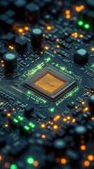 Obraz premium Close-up of a glowing central microchip on a detailed electronic circuit board with illuminated green and orange lights conveying advanced technology