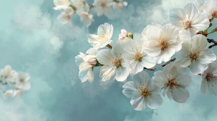 Obraz premium Delicate white cherry blossoms against a soft teal sky