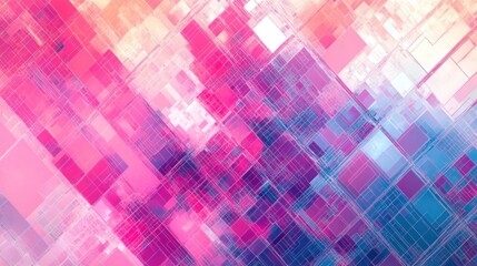 Abstract geometric pattern of overlapping translucent squares and rectangles in various shades of pink, purple, and blue creating a vibrant layered effect