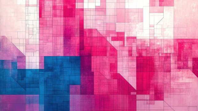 abstract geometric composition with overlapping pink and blue rectangles and squares creating a textured grid pattern with varying transparency