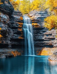 Calm waterfall cascading down layered rock formations into a serene blue pool surrounded by vibrant autumn foliage with golden yellow leaves