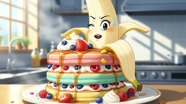 Playful cartoon banana character on colorful pancake stack