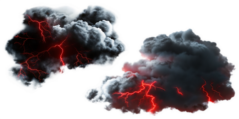 Two Dark Storm Clouds with Red Lightning Strikes Isolated thunder isolated on a transparent background