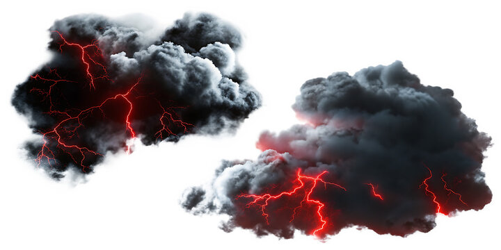 Two Dark Storm Clouds with Red Lightning Strikes Isolated thunder isolated on a transparent background - Powered by Adobe