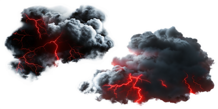 Two Dark Storm Clouds with Red Lightning Strikes Isolated thunder isolated on a transparent background