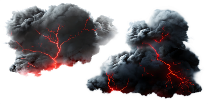 Two Realistic Smoke Clouds with Red Lightning Strikes thunder storm isolated on a transparent background